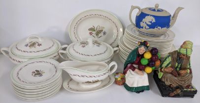 Royal Doulton figures Cobbler and Balloon seller, a Woodlands dinner service and a teapot A/F