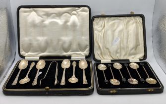 A set of six silver teaspoons and sugar tongs cased, and a set of six silver coffee bean terminal