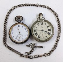 Two early 20th century open faced keyless wind pocket watches, together with a silver curb link