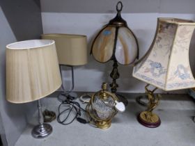 Vintage and modern lighting to include an Art Deco chrome table lamp, with later shade, a brass lamp