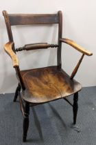 A 19th century elm seated bar back Windsor chair, on turned legs, united by 'H' stretcher Location: