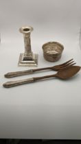 Sterling silver handled and wooden salad servers, together with a silver embossed bowl and