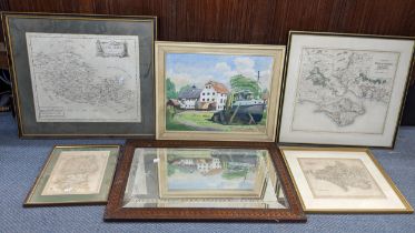 Four maps to include a Robert Morden map of Oxfordshire and Buckinghamshire, together with a mirror,