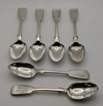 A set of six silver fiddle pattern desert spoons engraved with an initial, Exeter 1855, 346.1g