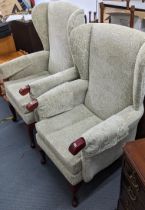 A pair of modern HSL stained beech wingback armchairs Location: