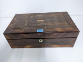 A Victorian rosewood writing box, brass stringing, fitted interior with two glass ink wells having