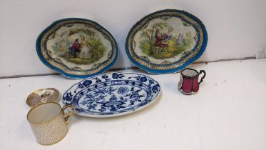 A pair of Sevres 18th century dishes each decorated with a couple in a garden setting A/F, a Dale