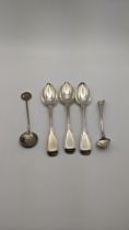 Three silver fiddle pattern teaspoon and salt spoons, total weight 98.6g, Location: