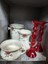 A Stomer & Co 'Bisto' china wash set, pair of ruby glass candlesticks, and a Shannon crystal glass