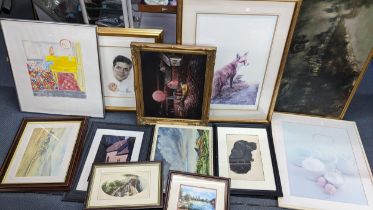 Prints to include Cloe Cheese an interior scene signed, a study of a spaniel watercolour, and