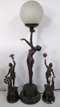 An Art Deco style table lamp of a nude lady, together with a pair of Victorian spelter figures