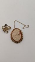 A 9ct gold cameo brooch, together with a bar brooch fashioned as a ribbon inset with three garnets