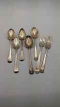 Four silver teaspoons, together with two silver forks, total weight, 187.6g, Location: