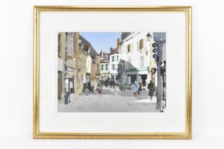 John Yardley RI (born 1933) - A watercolour depicting a town scene with figures before buildings,