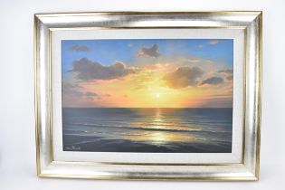 John Palmer (British 20th century) - An oil on canvas depicting a seascape at sunset, signed to