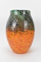 A 1930s Monart Art glass vase in mottled orange and green with gold aventurine, ovoid shape,