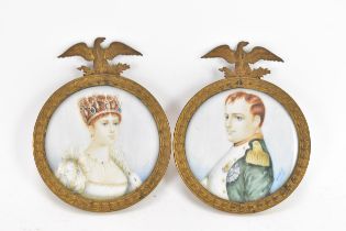 A pair of late 19th century ivory portrait miniatures of Napoleon and Josephine, each of circular