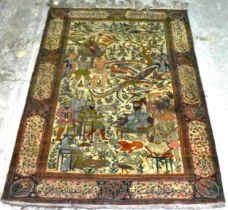 An Iranian pictorial hand woven rug, on a beige ground and decorated with mixed figures and