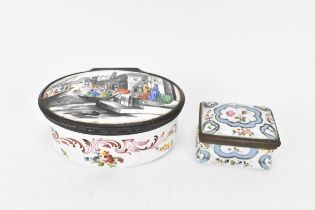 Two mid-late 18th century snuff boxes to include an enamel oval snuff box, painted throughout with