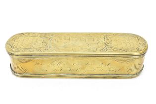 A mid 18th century brass engraved tobacco box, Dutch, circa 1750, of rounded-rectangular form, the