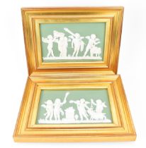 A pair of Wedgwood jasperware Classical relief plaques, 19th century, in sage green and white,