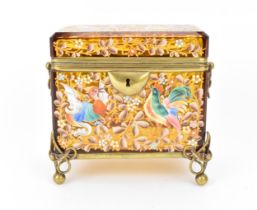 A brass-mounted Moser enamelled glass casket, late 19th/early 20th century, the rectangular amber