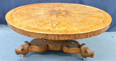 An unusual 19th century European mixed veneered circular topped cut down breakfast table, the top