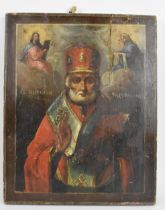 A 19th century Russian icon depicting Saint Nicholas of Myra, oil on wood, depiction of the saint in