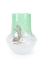 A 1930s Monart Art glass vase in mottled blue and green with swirls of colour, tall cylindrical neck