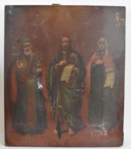 A 19th century Russian icon depicting three Saints, oil on wood, the three draped and bearded