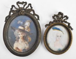 Two French 19th century ivory portrait miniatures each depicting an 18th century lady in plumed