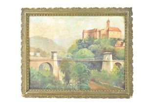 Josef Paulus (1877-1955) German - Views of the Chain bridge and castle Loket in the town of Loket (