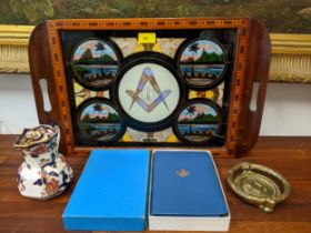 A Brazilian Masonic butterfly wing tray with inlaid wooden frame, Masonic compass and set square