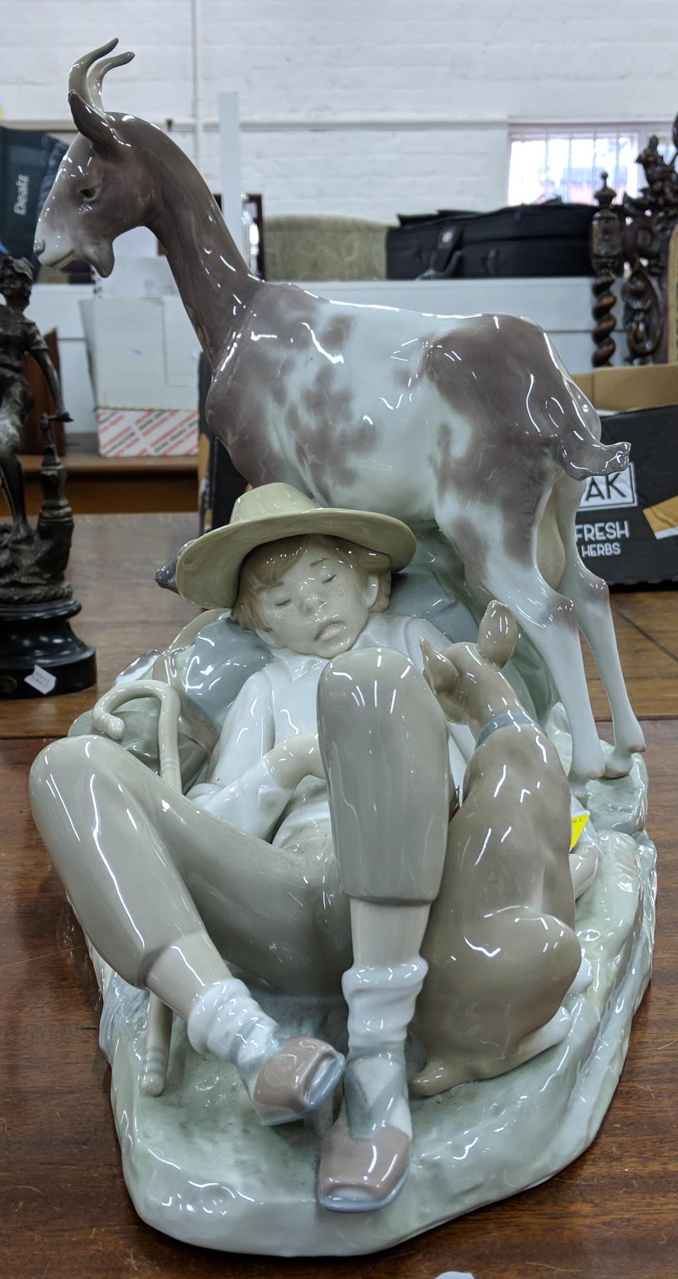 A Lladro figure of boy asleep with two dogs and a goat, 35cm h, Location: - Image 4 of 12
