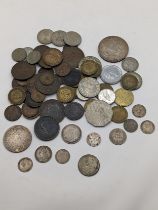 Mixed World Coins - to include Victorian Half-crown, 1887 Shilling, Sixpence and Threepence, along