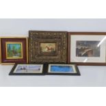 Mixed pictures to include a print depicting a man sat on a horse, in a gilt frame, an oil on