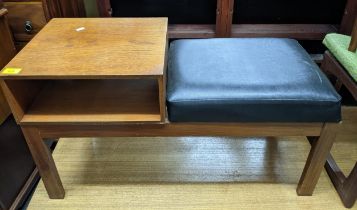 Mid century retro furniture comprising a teak telephone seat with black leatherette cushion seat,