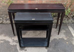 A modern stained wooden console table on square, tapered legs and another similar, A/F, Location: