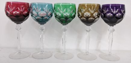 A set of five Hock glasses with different coloured bowls, Location: