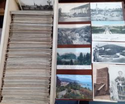 A quantity of vintage postcards in 2 wooden boxes, mainly Austrian historic buildings and villages