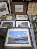 A quantity of framed and glazed prints, maps, embroideries, engravings and others, to include a