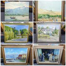 A collection of Fred Lloyd oil paintings to include one depicting a harbour scene, still life and