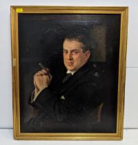 20th century British School - a half length portrait of a gentleman with a cigar, oil on canvas