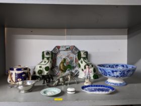 A mixed lot of ceramics and metalware to include a Meissen figure A/F, Japanese Imari octagonal