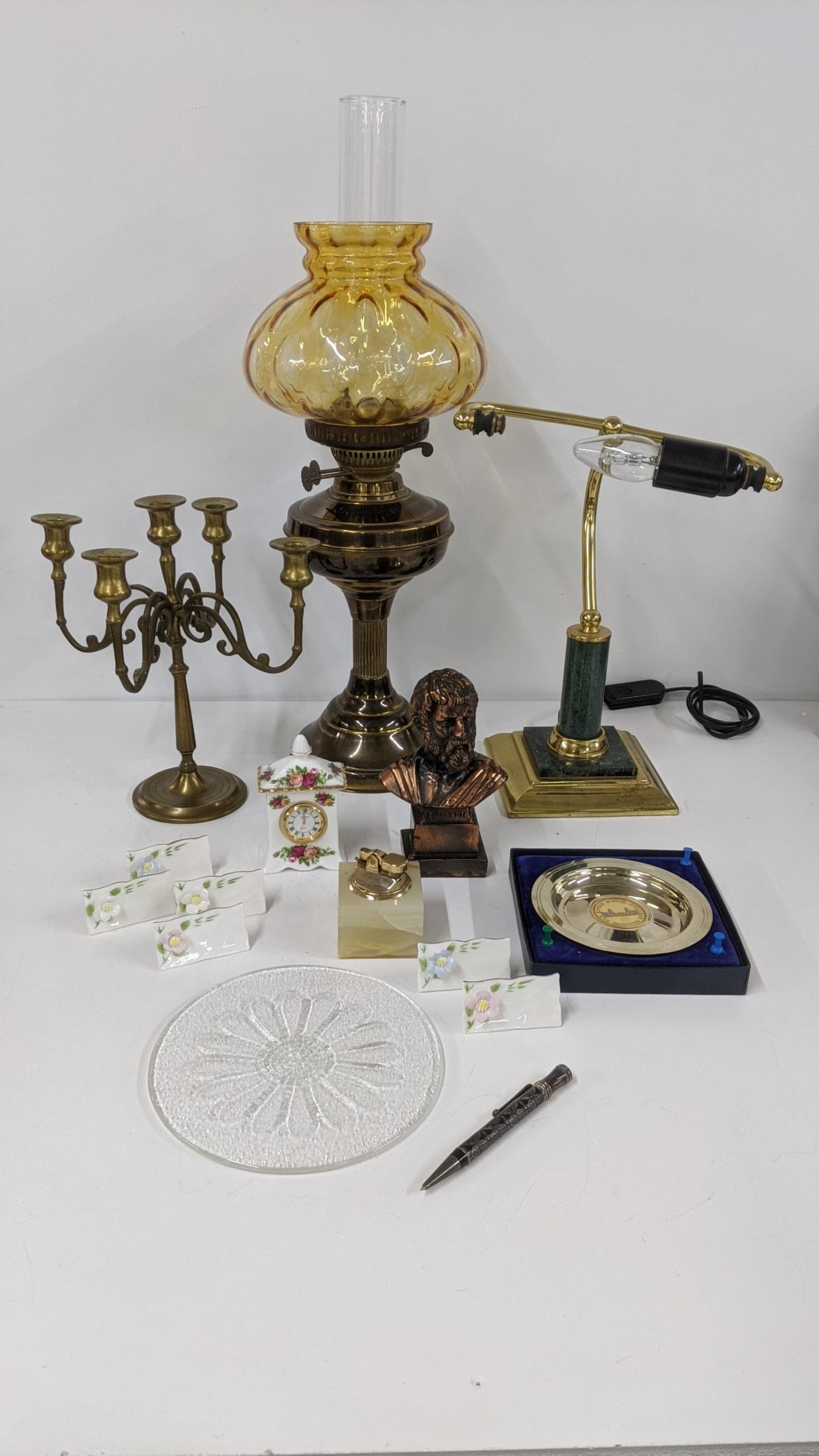 A mixed lot to include a modern bunker style lamp, an ink pen, a Royal Naval College pin dish and