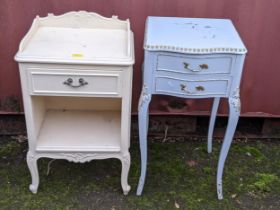 A reproduction French blue painted, two drawer side table, together with a white painted bedside