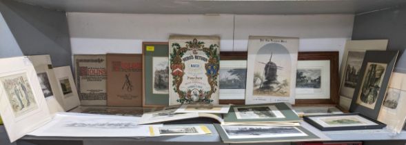 A selection of 19th century and later engravings, book prints, music sheet covers and other items,