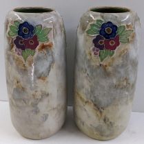 A pair of Royal Doulton vases, dated 1929, oblong form, tube lined floral decoration on a mottled