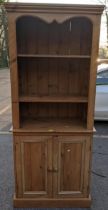 A reconstituted pine bookcase cabinet with two shelves, over a pair of doors, 185cm h x 82cm w,