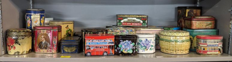 Assorted tins to include biscuit tins, examples elaborately decorated, was/polish tins and others,